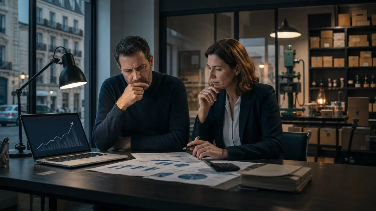 Photographie de presse en noir et blanc illustrant la tension économique autour d'une PME