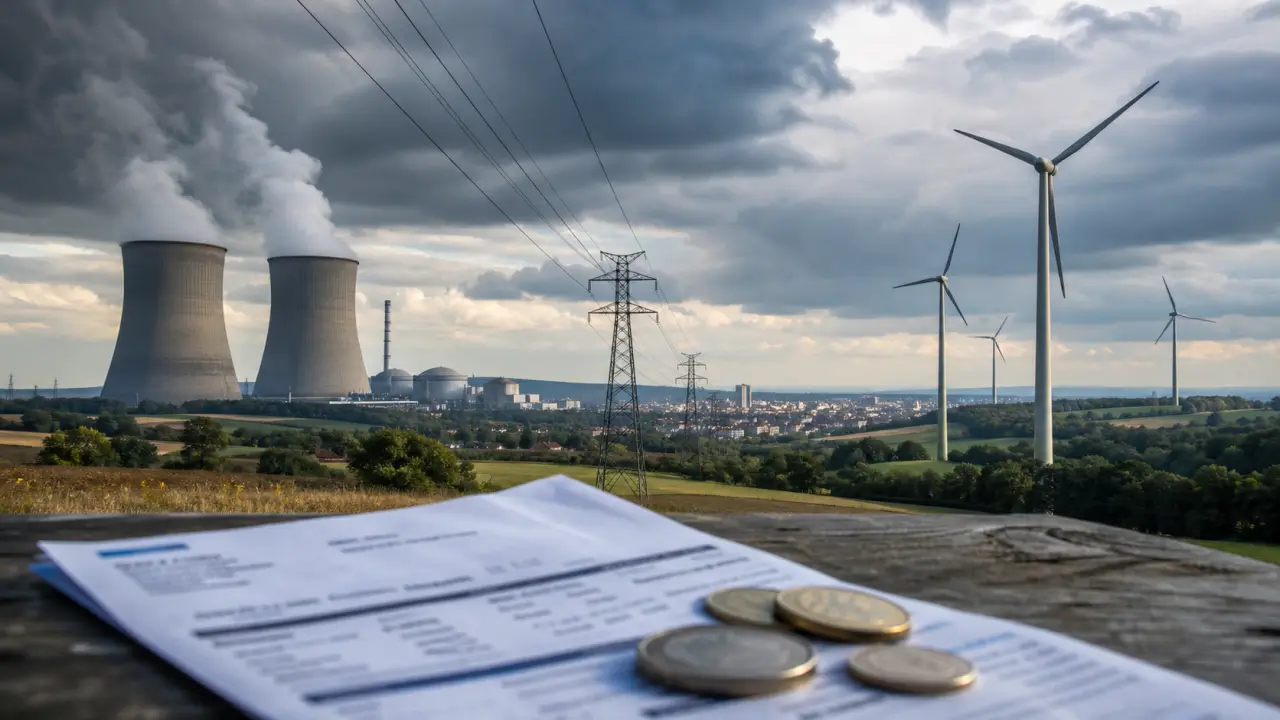 Photographie de presse illustrant le débat entre nucléaire et éolien en France