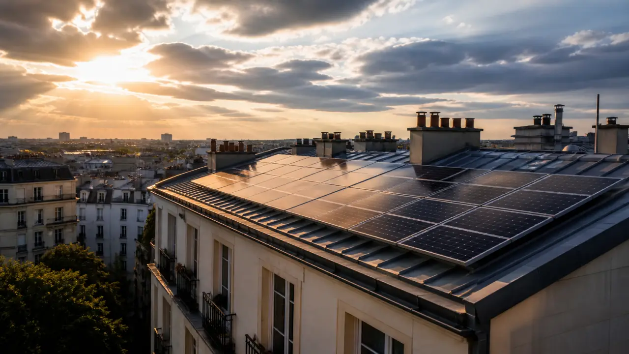 Photographie d'une copropriété équipée de panneaux solaires sur le toit