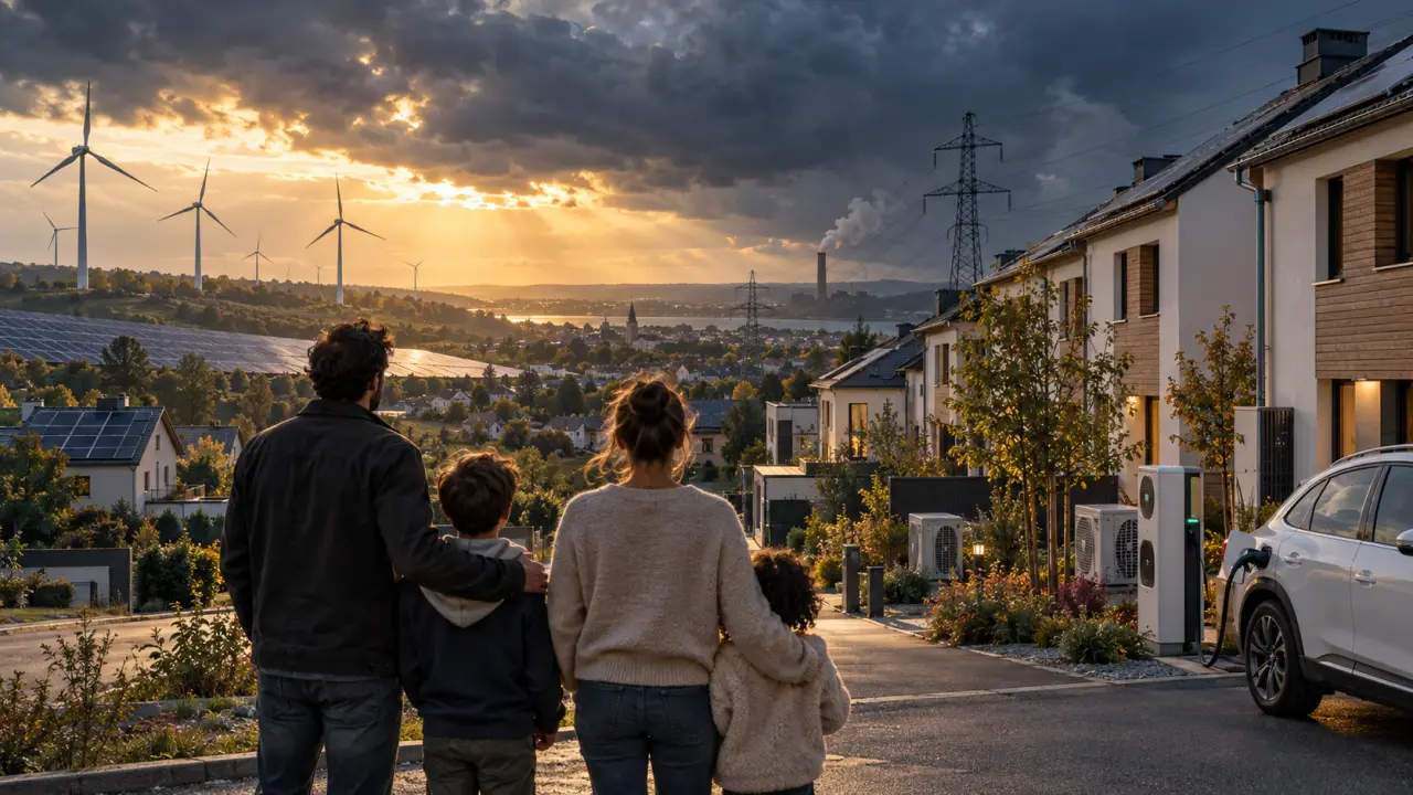 Éoliennes et lignes électriques dans un paysage français au crépuscule