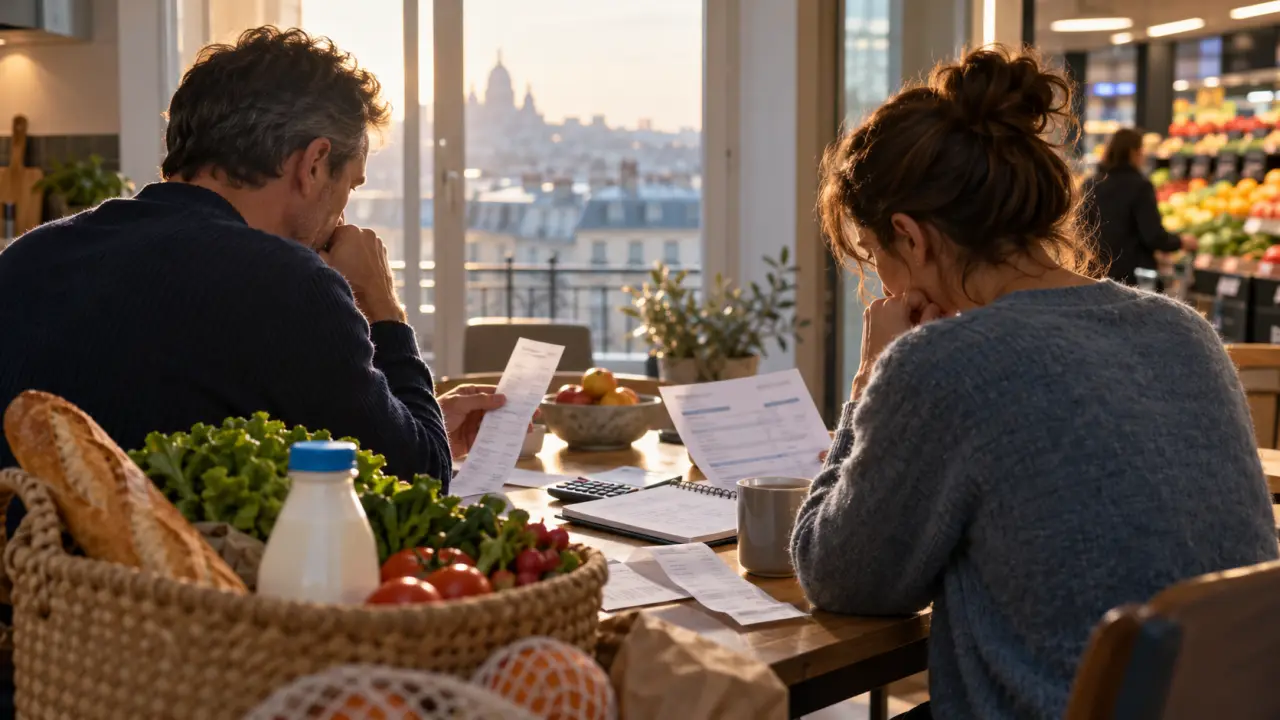 Caddie de supermarché devant des rayons de produits du quotidien