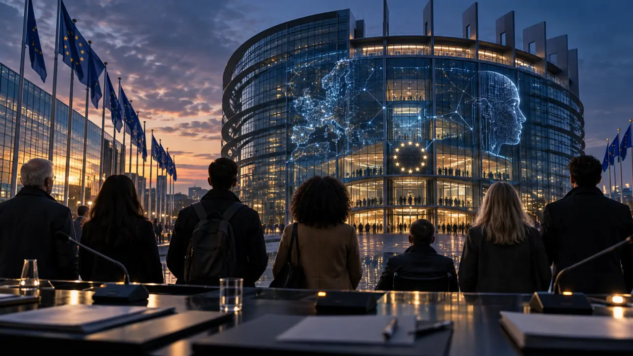 Foule urbaine observée par des écrans et des systèmes d’intelligence artificielle