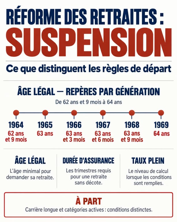 Suspension de la reforme des retraites : infographie sur l’âge légal, les trimestres et le taux plein