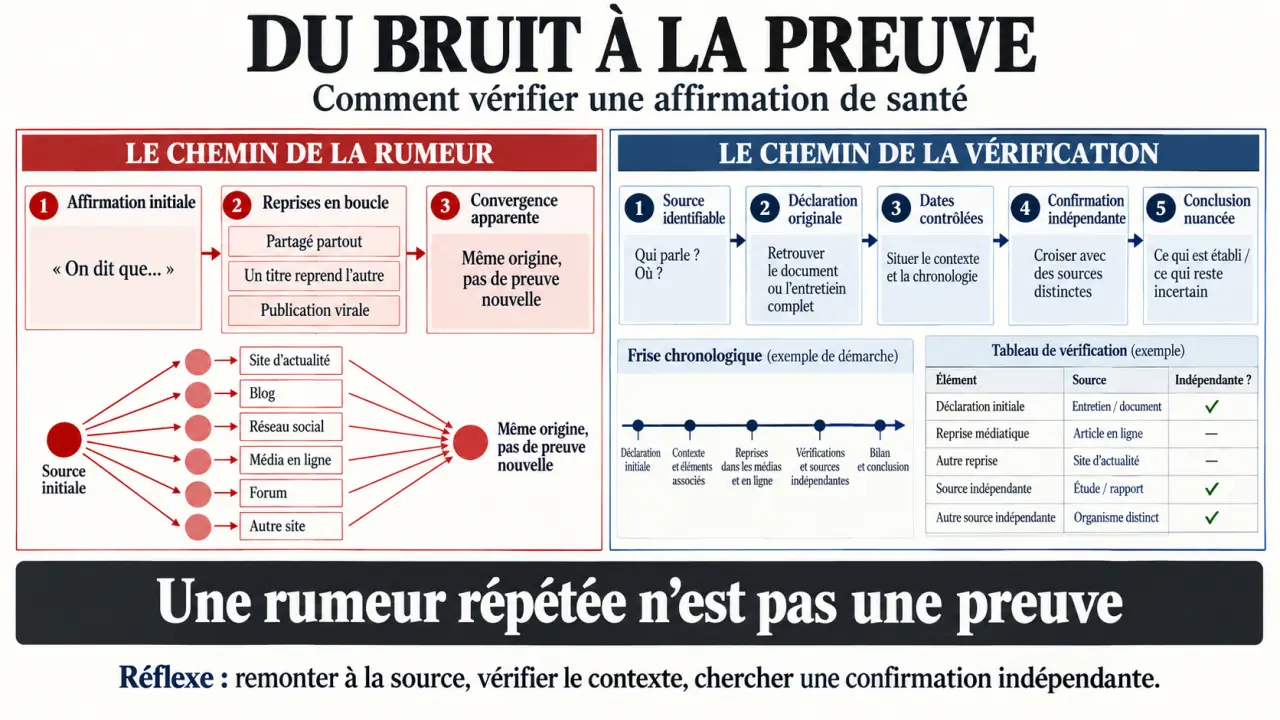 Infographie sur la vérification de la rumeur Roland Cayrol malade cancer et la distinction entre affirmation répétée et information confirmée