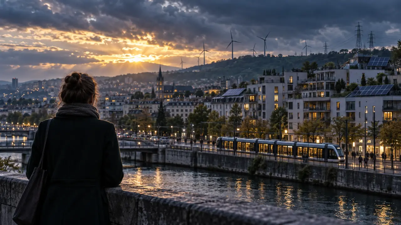 Habitants observant des panneaux solaires au milieu d'un paysage urbain