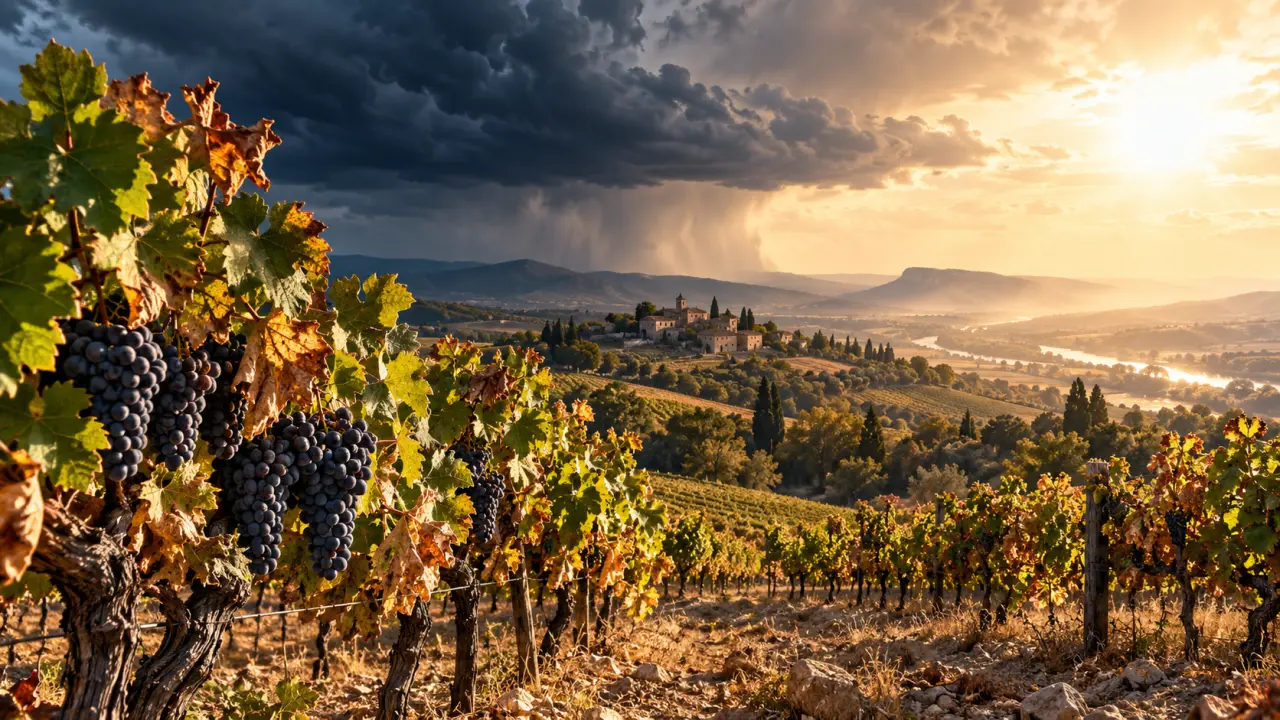 Vignobles sous une lumière chaude, symbole des effets du dérèglement climatique