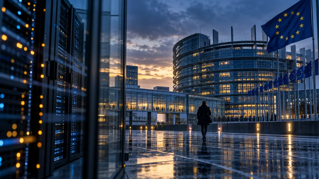 Façade d’un bâtiment européen et silhouettes urbaines, dans une scène de presse contrastée