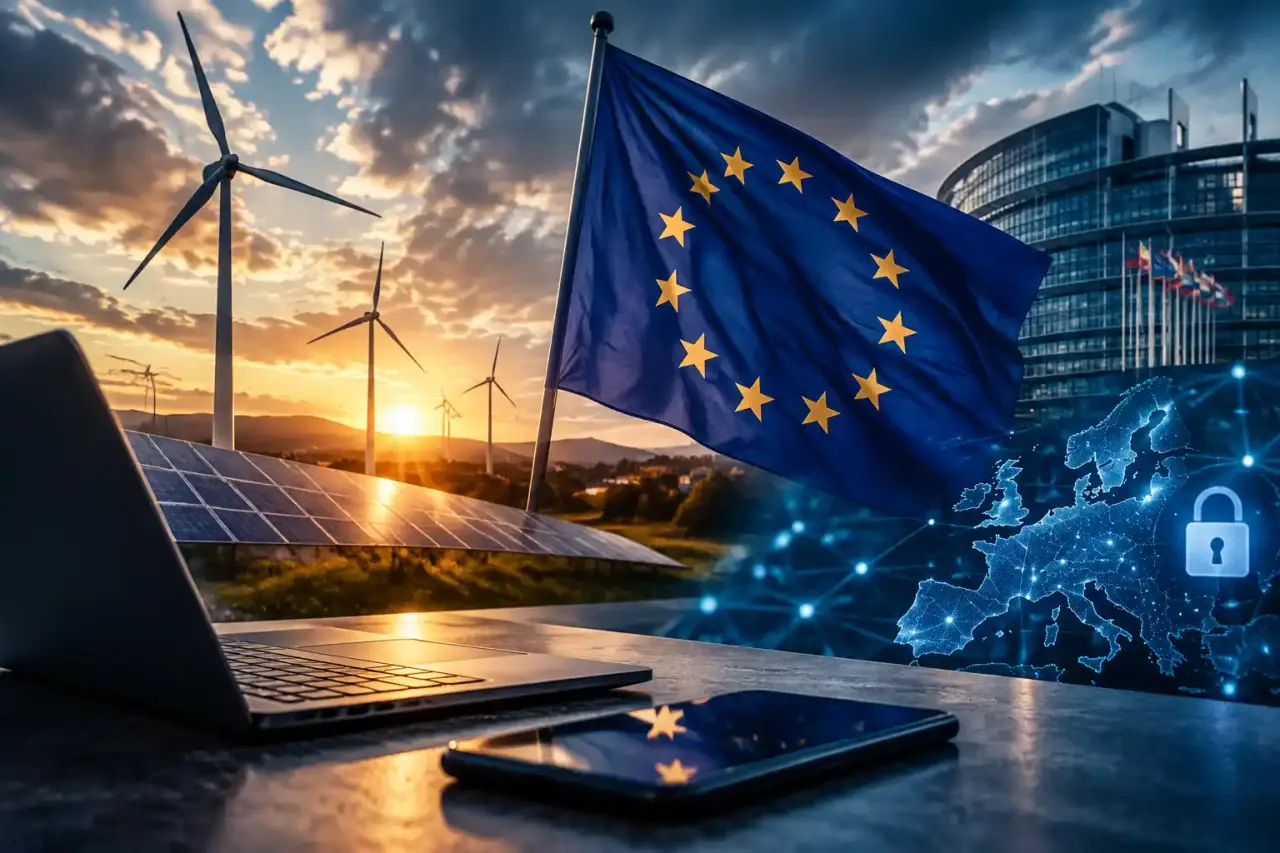 Symboles de la transition écologique et des infrastructures numériques en Europe
