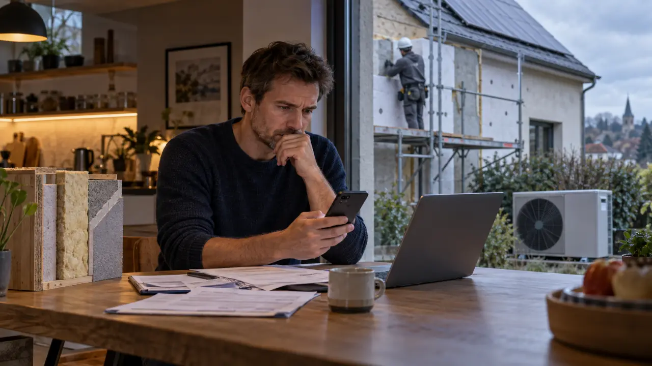 Maison en cours de rénovation énergétique avec isolation et équipements de chauffage performants